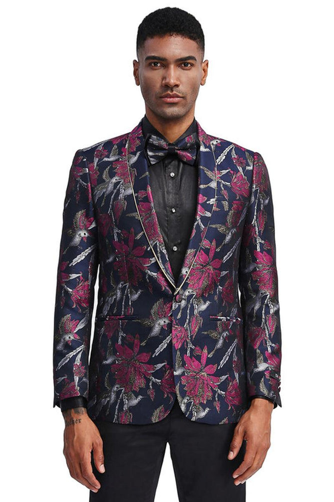 Tazio Men's Slim Fit Floral Shawl Lapel Navy Dinner Jacket - USA Men's Outlet