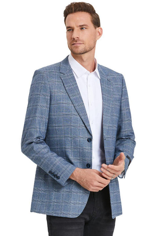 Tazio Men's Slim Fit Light Blue Plaid Sport Coat: Business Casual Elegance. - USA Men's Outlet