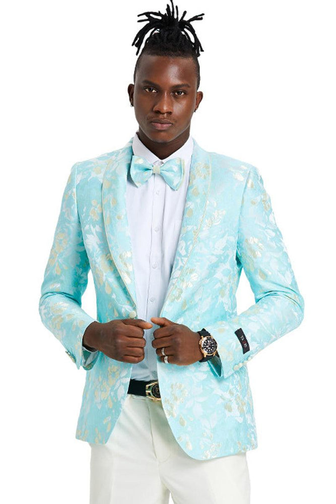 Tazio Men's Slim Fit Paisley Foil Blazer - Mint Green & Gold for Prom & Weddings - USA Men's Outlet