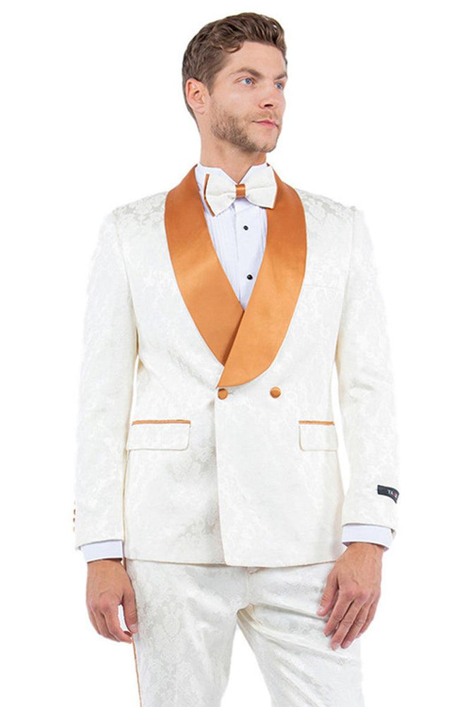 Tazio Men's Slim-Fit Paisley Jacket: Ivory & Golden Rust for Prom & Weddings - USA Men's Outlet