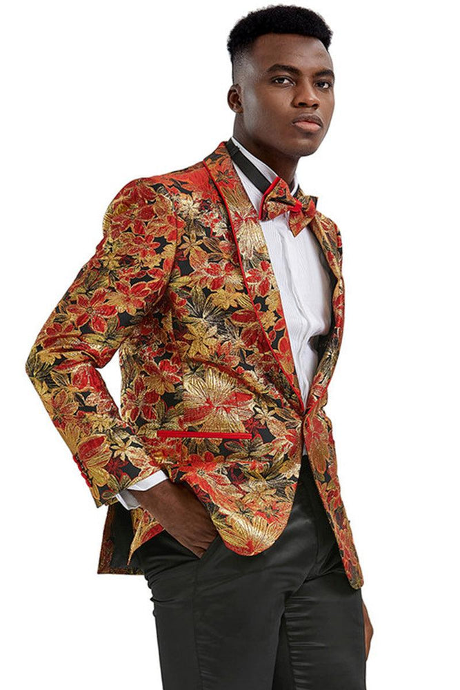 Tazio Men's Slim Fit Red & Gold Paisley Prom Tuxedo Jacket - USA Men's Outlet