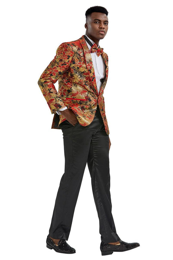 Tazio Men's Slim Fit Red & Gold Paisley Prom Tuxedo Jacket - USA Men's Outlet