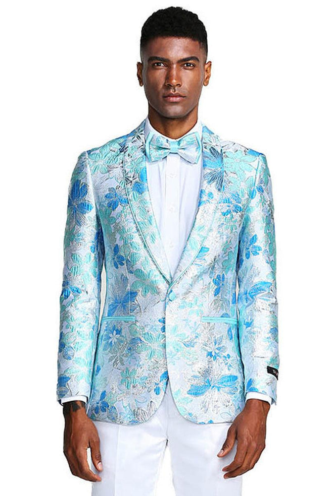 "Tazio Men's Slim-Fit Sky Blue & Silver Paisley Prom Tuxedo Jacket" - USA Men's Outlet