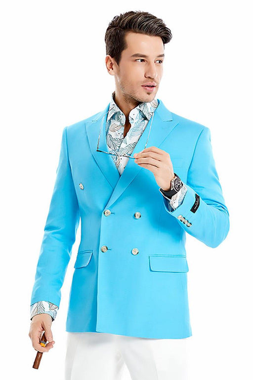 Tazio Men's Slim-Fit Sky Blue Double-Breasted Summer Blazer - USA Men's Outlet