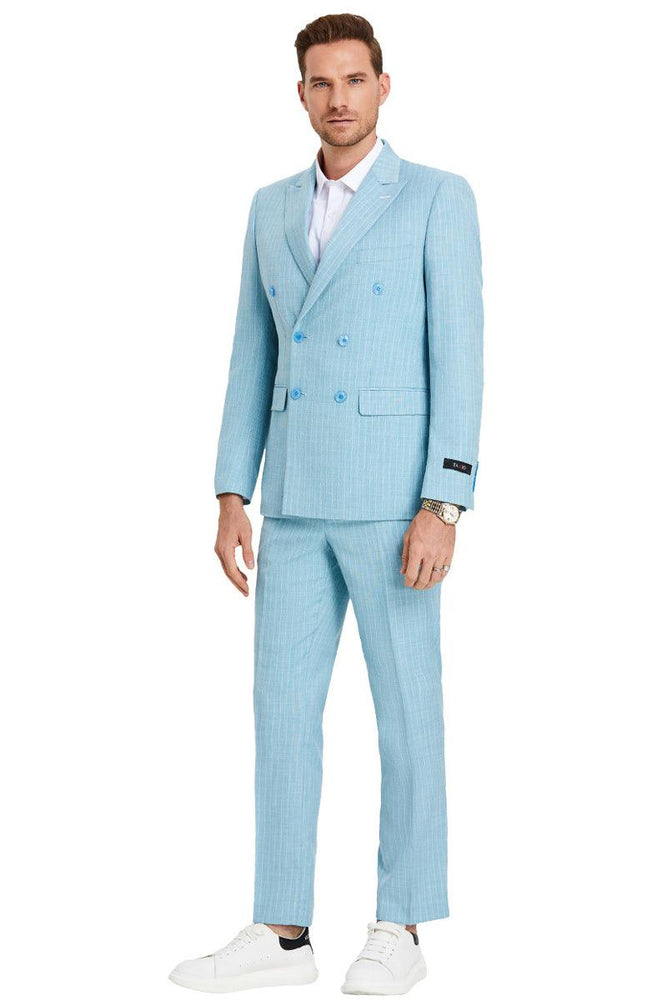 "Tazio Men's Slim-Fit Summer Pinstripe Suit - Teal Blue" - USA Men's Outlet