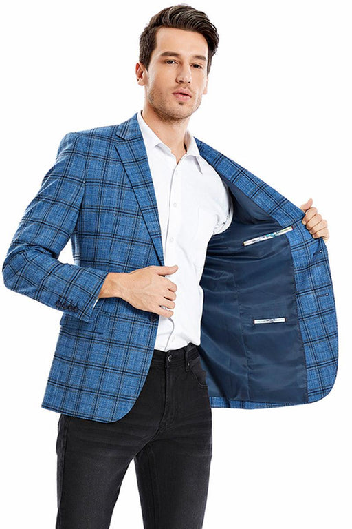 Tazio Men's Slim Fit Teal Blazer w/ Plaid Sport Coat Detail - USA Men's Outlet