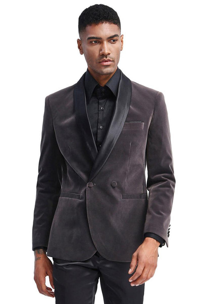 Tazio Men's Slim-Fit Velvet Grey Smokin Jacket - Double Breasted - USA Men's Outlet