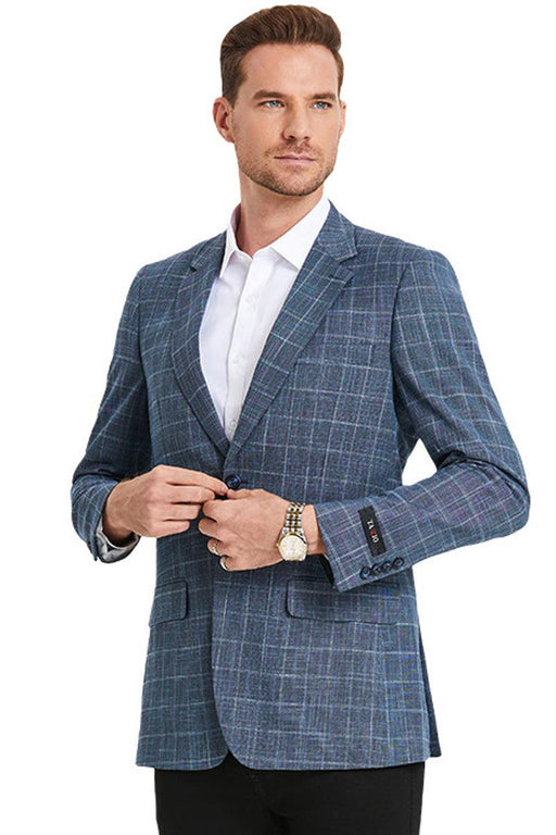 "Tazio Men's Slim-Fit Windowpane Plaid Denim Sport Coat" - USA Men's Outlet