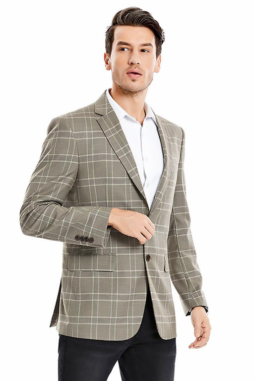 Tazio Men's Tan Plaid Double Windowpane Blazer - 2-Button Regular Fit - USA Men's Outlet