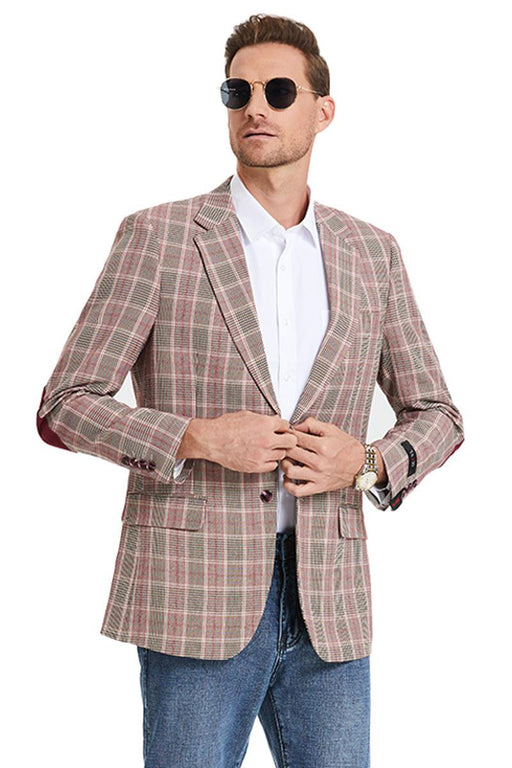 Tazio Men's Two-Button Burgundy Glen Plaid Slim Fit Business Sport Coat - USA Men's Outlet