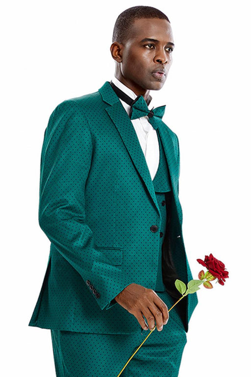 Tazio Men's Vested Green/Black Polka Dot Prom Suit w/One Button - USA Men's Outlet