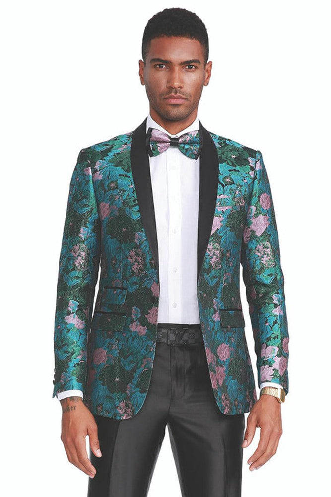 .

"Tazio Paisley Floral Tuxedo - Slim Fit Shawl Lapel in Green & Pink" - USA Men's Outlet