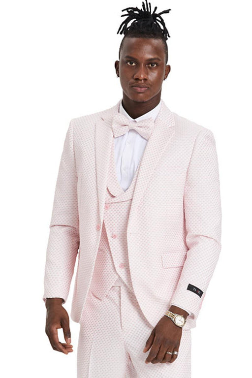 Tazio Pink Polka Dot Suit: One-Button, Notch Lapel, Double-Breasted Wedding & Prom Vest - USA Men's Outlet