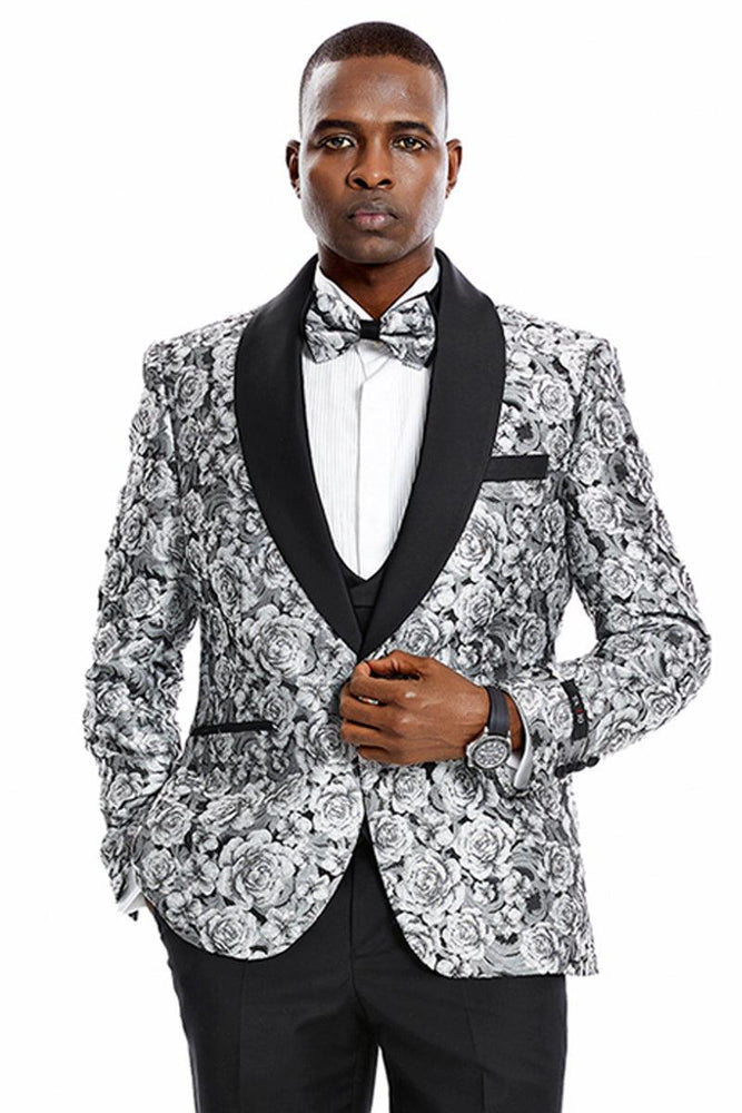 Tazio Silver Men's Paisley Floral Slim Vested Prom Tuxedo w/ One Button - USA Men's Outlet