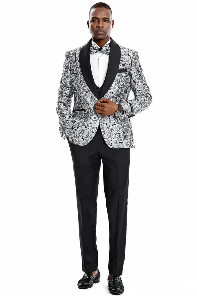 Tazio Silver Men's Paisley Floral Slim Vested Prom Tuxedo w/ One Button - USA Men's Outlet