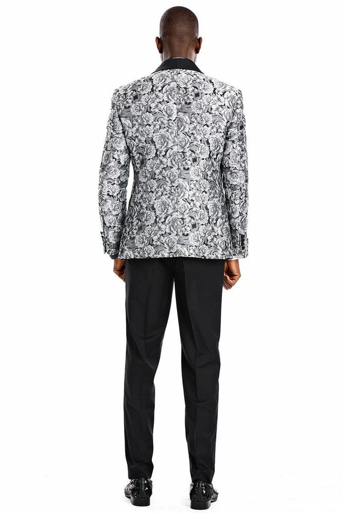 Tazio Silver Men's Paisley Floral Slim Vested Prom Tuxedo w/ One Button - USA Men's Outlet