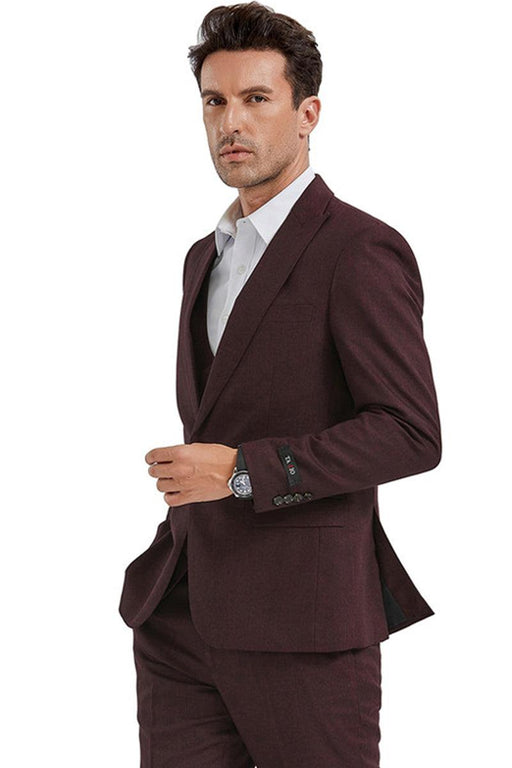 Tazio Suit: Men's Slim-Fit 1-Button Burgundy Sharkskin Lapel & Double-Breasted Vest - USA Men's Outlet