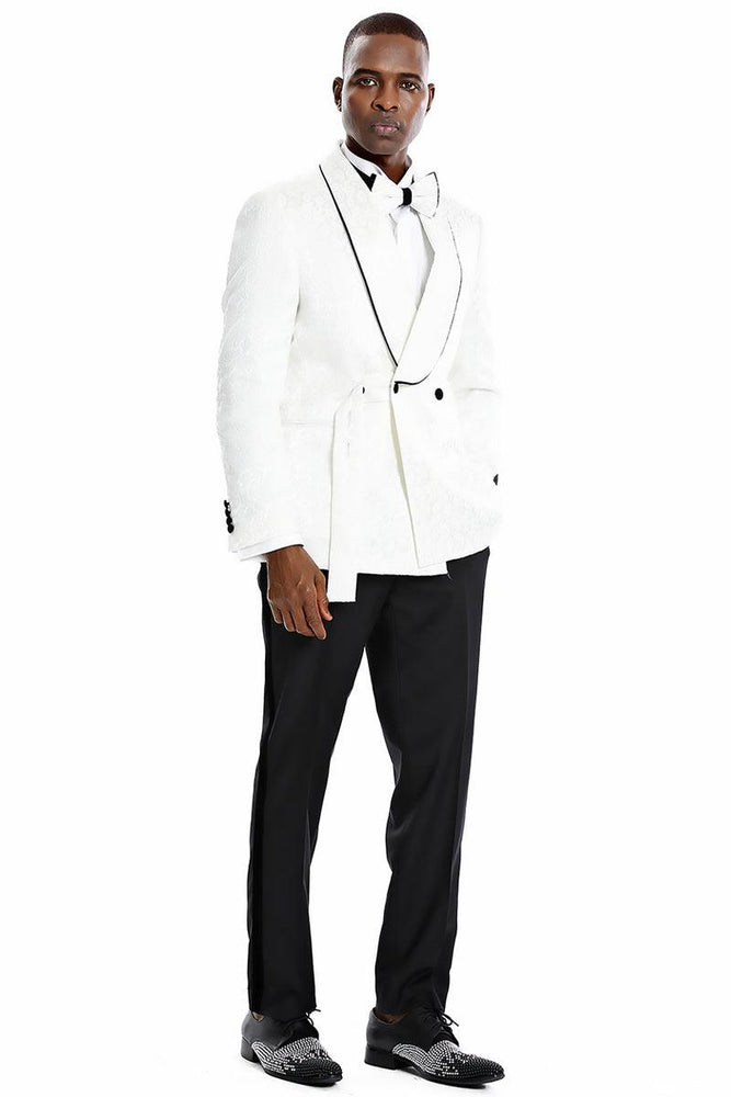 Tazio White Paisley Smoking Jacket: Slim Fit Double Breast Prom & Wedding Tuxedo - USA Men's Outlet