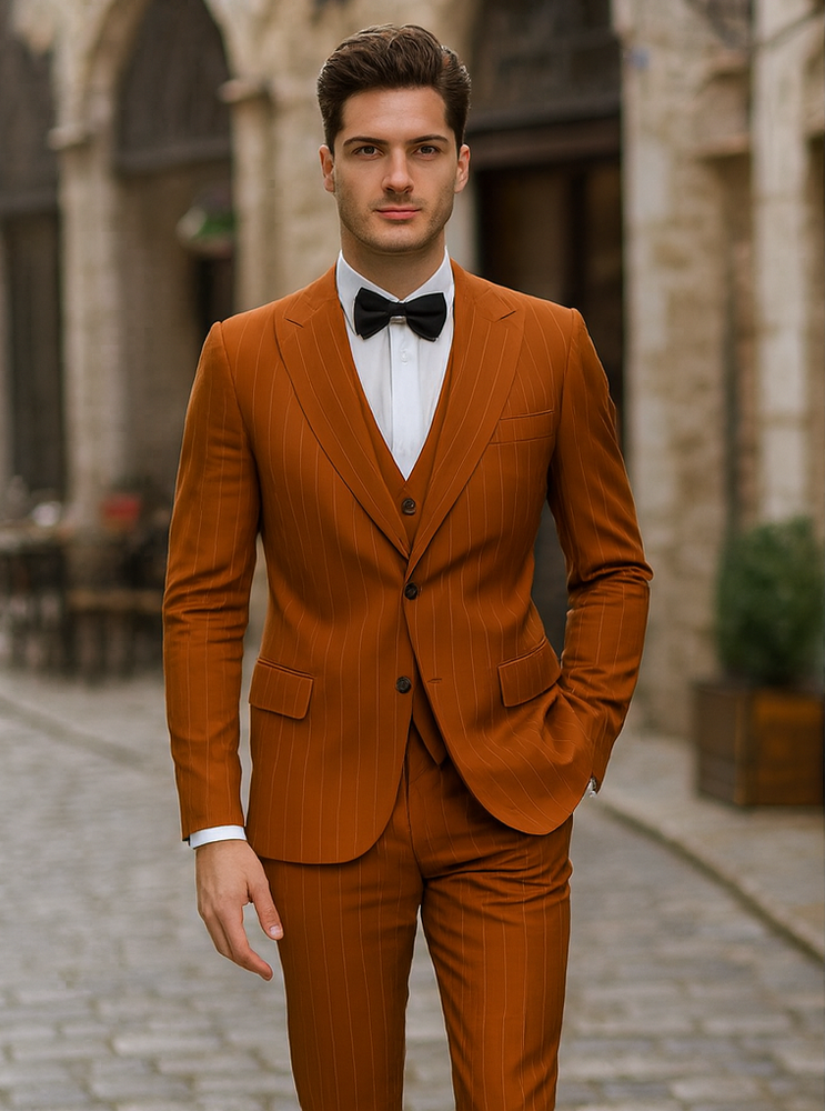 Tazzio Men’s Pinstriped Terracotta Orange Suit – Modern Skinny Fit Style
