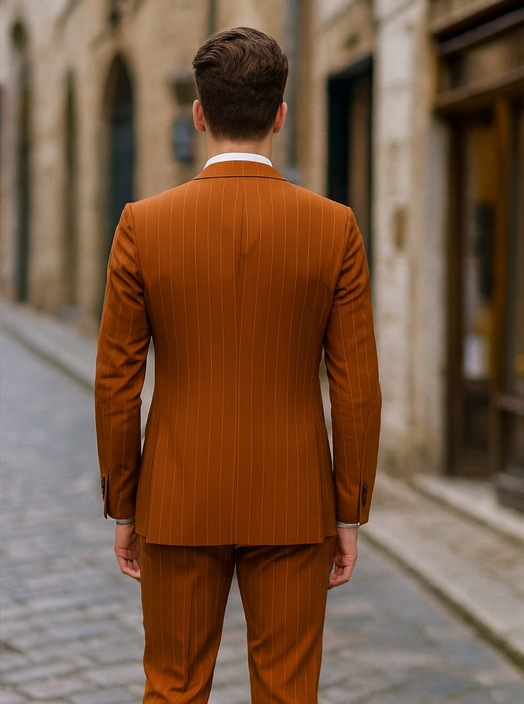 Tazzio Men’s Pinstriped Terracotta Orange Suit – Modern Skinny Fit Style