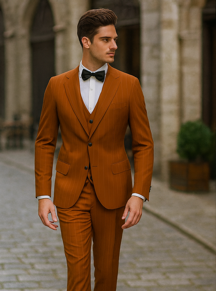 Tazzio Men’s Pinstriped Terracotta Orange Suit – Modern Skinny Fit Style