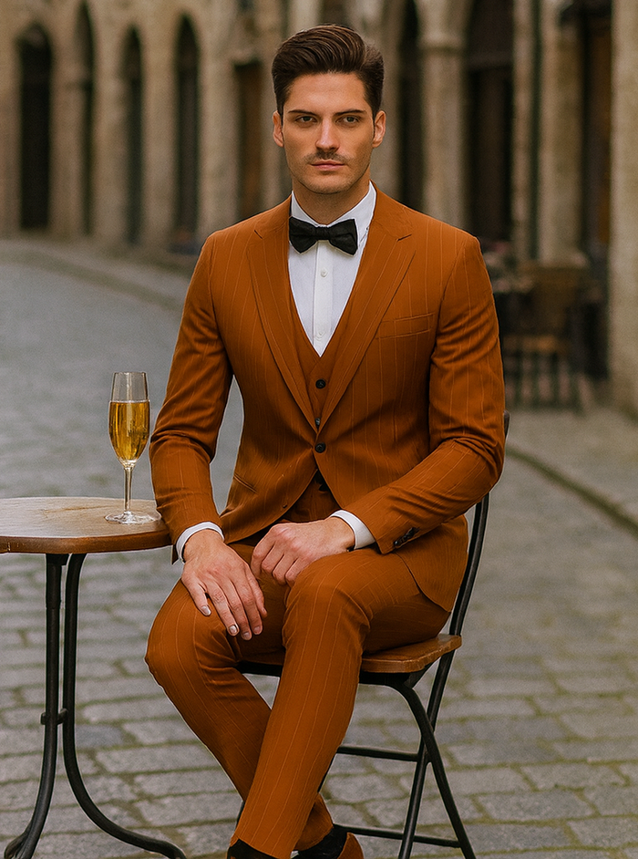 Tazzio Men’s Pinstriped Terracotta Orange Suit – Modern Skinny Fit Style