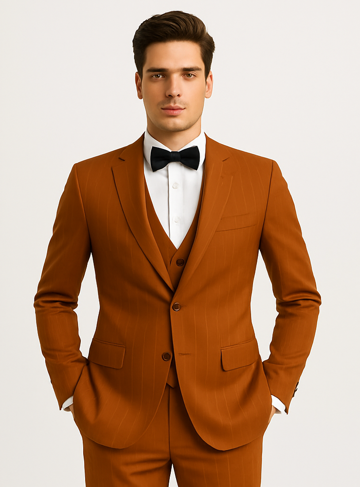Tazzio Men’s Pinstriped Terracotta Orange Suit – Modern Skinny Fit Style