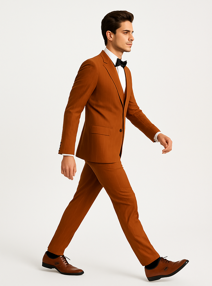 Tazzio Men’s Pinstriped Terracotta Orange Suit – Modern Skinny Fit Style