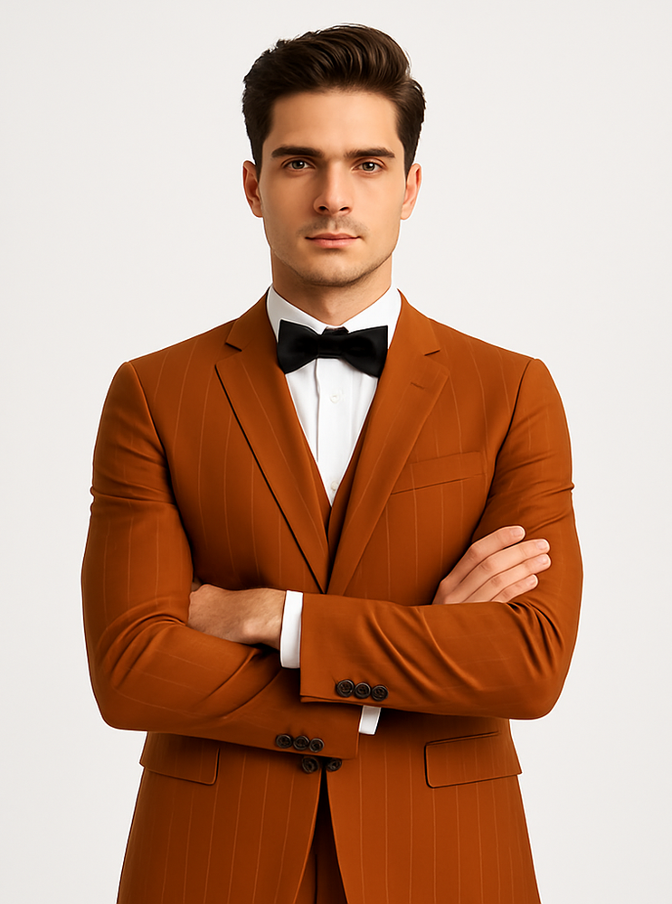 Tazzio Men’s Pinstriped Terracotta Orange Suit – Modern Skinny Fit Style