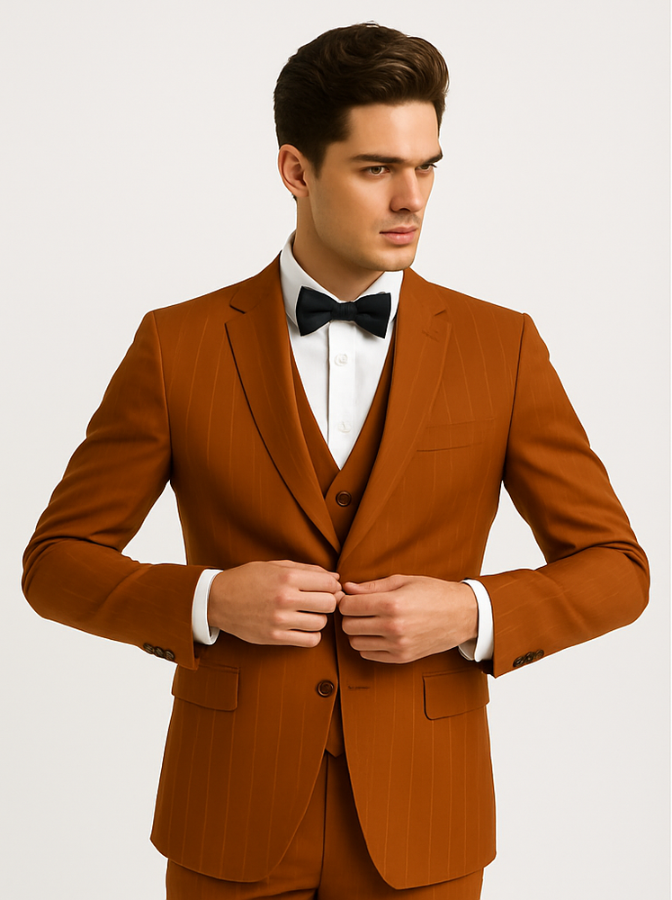 Tazzio Men’s Pinstriped Terracotta Orange Suit – Modern Skinny Fit Style
