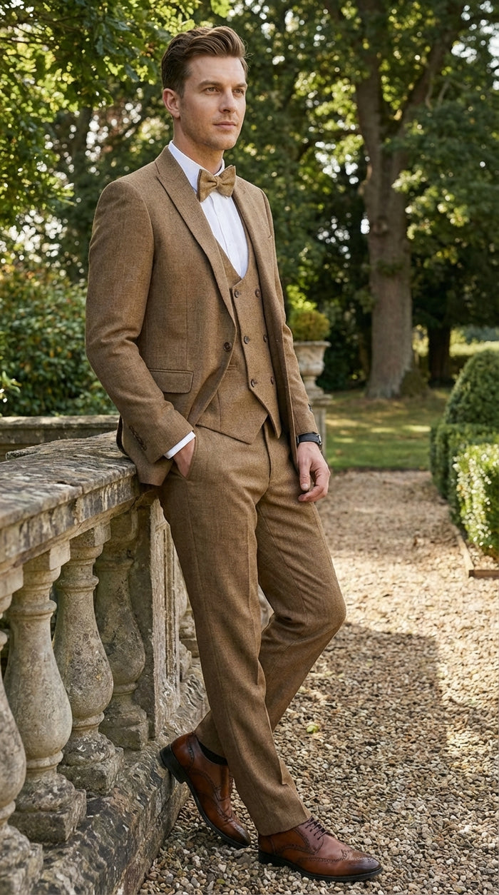 Mens Mocca Brown Taupe textured 1920s Great Gatsby Inspired Suit – Vintage Three Piece Retro Formal Suit Peak Lapel