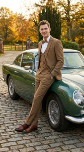 Mens Mocca Brown Taupe textured 1920s Great Gatsby Inspired Suit – Vintage Three Piece Retro Formal Suit Peak Lapel