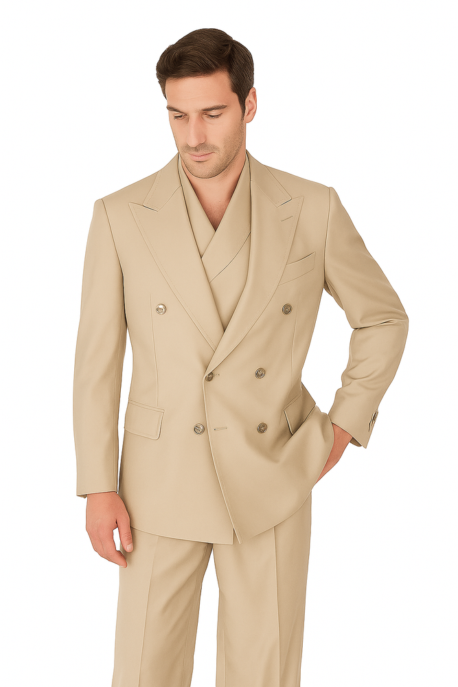 Tiglio Rosso Suit  - Classic Fit Athletic Cut 100% Wool Super 150s Italian Fabric Peak Lapel in Color Light Tan