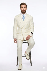 Tiglio Italian Suit - Real Wool Fabric Super 150's EST Off-White, Wide Leg Suit & Vest in Color Off-White