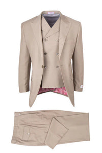 Tiglio Rosso Brand - Classic Suit Fit Pleated Pants Athletic Cut Real Wool Fabric Suit Peak Lapel in Color Tan Semi Wide leg Slack