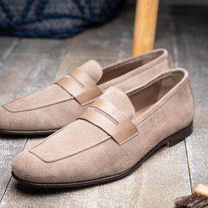 Zelli Tippa Suede and Calfskin Combination Penny Loafers in Taupe