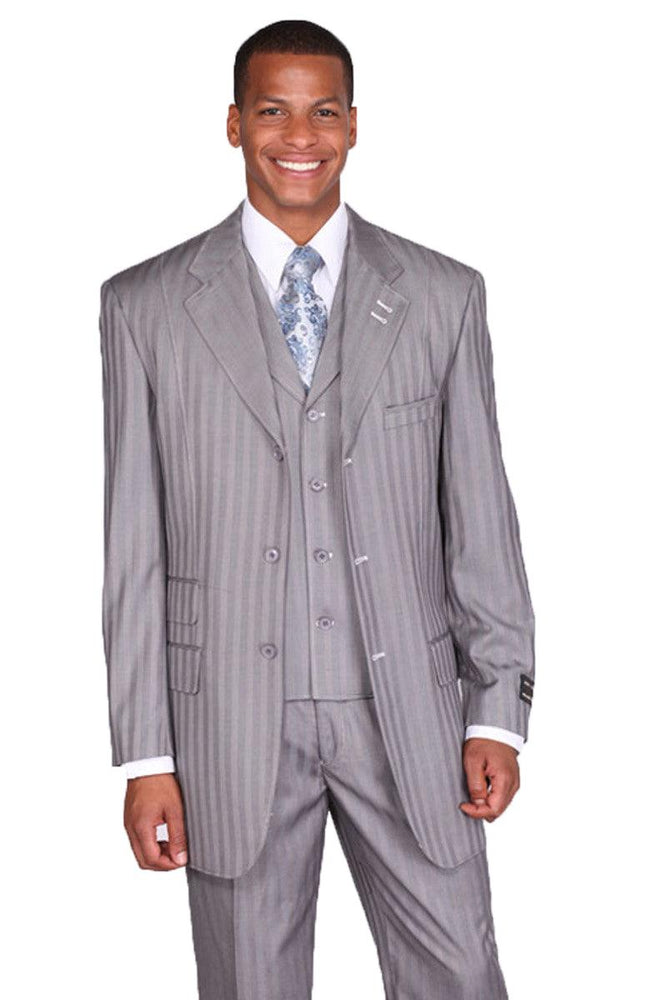 Tonal Grey Pinstripe Suit: Fortino Landi 3-Button Vested Fashion - USA Men's Outlet