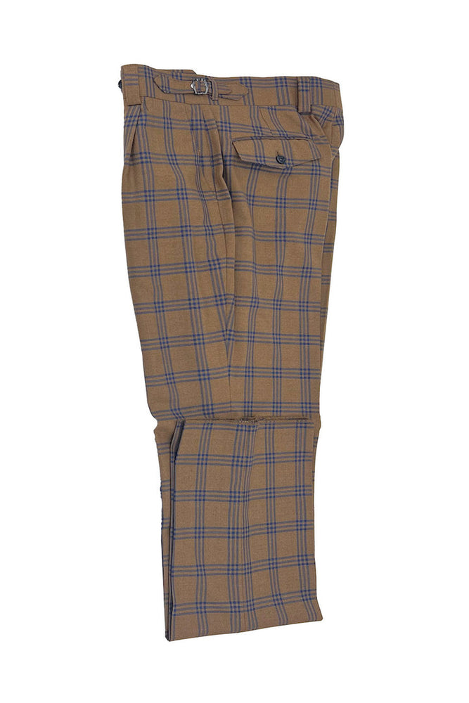 Tiglio Luxe Camel with Blue Windowpane Semi-Wide Leg Wool Marbella Dress Pants TL3304
