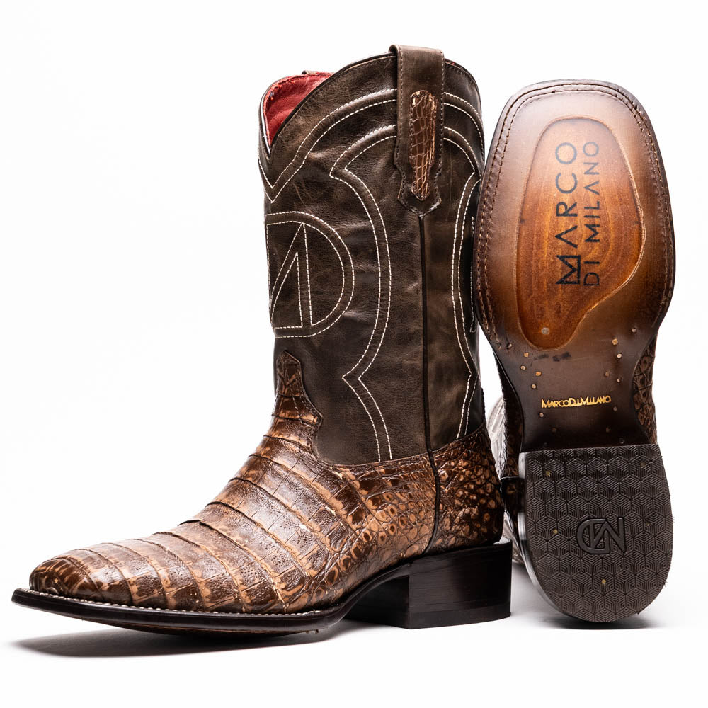 Marco Di Milano Tuscon Stone Brown Caiman Crocodile Square Toe Cowboy Boots