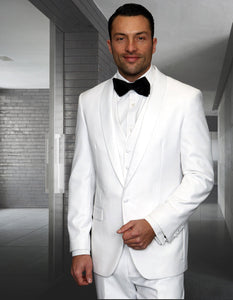 Mens 1 Button Shawl Lapel Vested Wool Tuxedo in White - Mens Slim Fitted Tuxedo - Men's Tuxedo USA