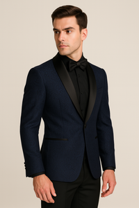 Mens Slim Fit Paisley Shawl Lapel Prom Dinner Jacket Tuxedo Blazer in Navy Blue
