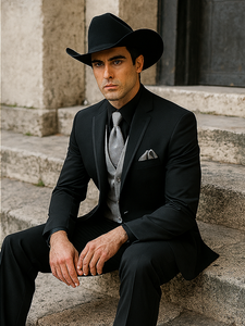 Men’s Black Western Tuxedo with Silver Vest & Cowboy Hat – Slim Fit