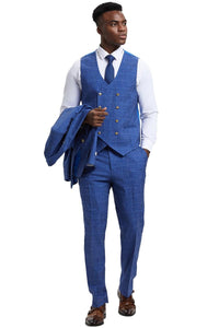 Men's Stacy Adam's One Button Vested Peak Lapel Business Suit in Navy Blue Plaid