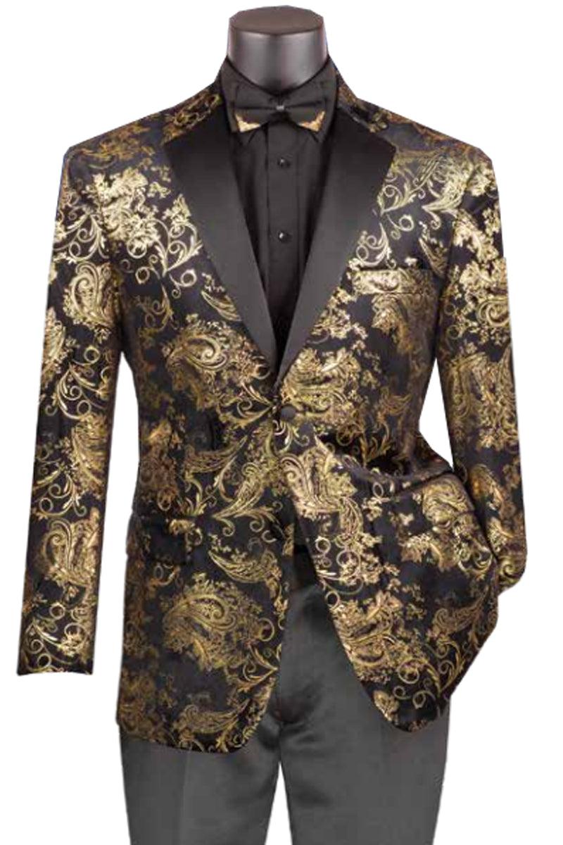 Men's Gold Tuxedo Jacket with Fancy Velvet Feel Pattern - Blazer - Prom - Wedding