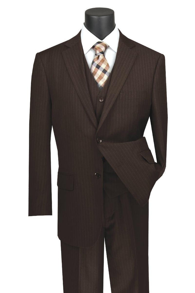 Vinci Banker Pinstripe Suit: Mens Classic Fit Brown Vest & Pleat Pants - USA Men's Outlet