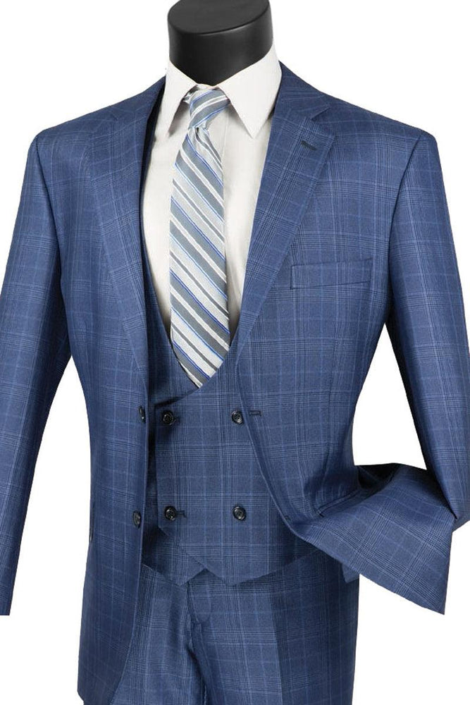 Vinci Blue Peak Lapel 2-Button Vested Windowpane Suit - USA Men's Outlet