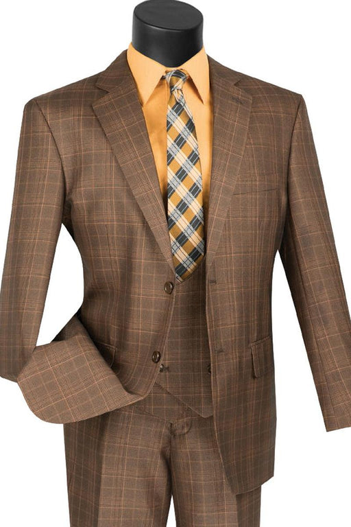 Vinci Brown Plaid 2-Button Suit with Peak Lapels & Windowpane Design. - USA Men's Outlet