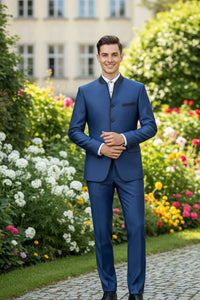 Mens Blue Sharkskin Mandarin Collar Tuxedo - 2 Piece Slim Fit Luxury Set
