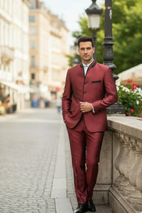 Mens Burgundy Sharkskin Mandarin Collar Tuxedo - 2 Piece Slim Fit Luxury Set