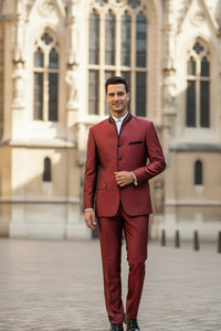 Mens Burgundy Sharkskin Mandarin Collar Tuxedo - 2 Piece Slim Fit Luxury Set